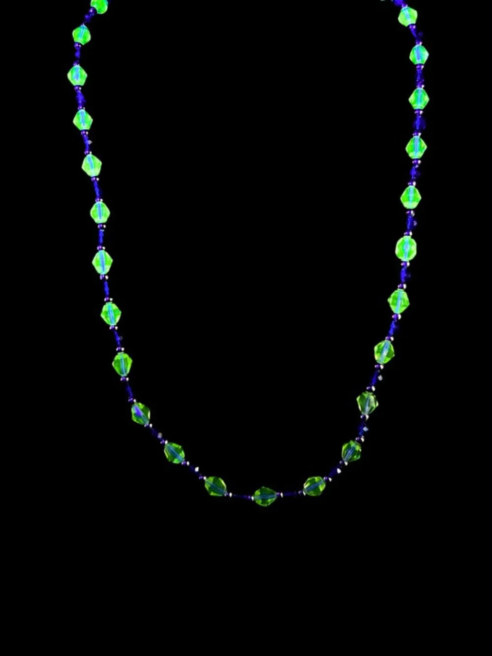 Handmade Uranium Glass Beaded Necklace with Silver-Plated Beads 17.5